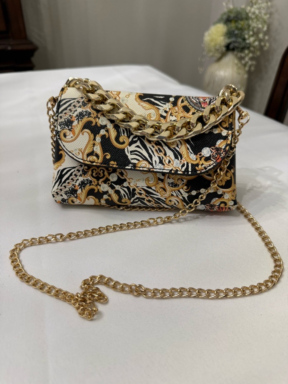 Gold Accent Black, Gold & White Patterned Chain Mini crossbody Bag
